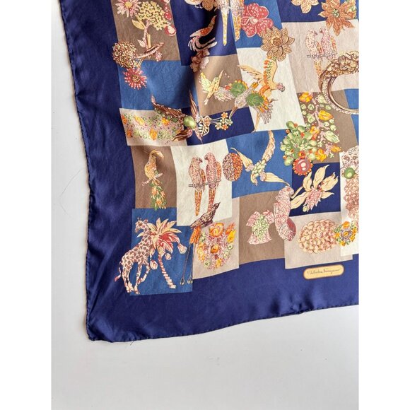 Vintage SALVATORE FERRAGAMO Navy Patchwork Silk Twill 34" x 33" Square Scarf - Picture 6 of 15